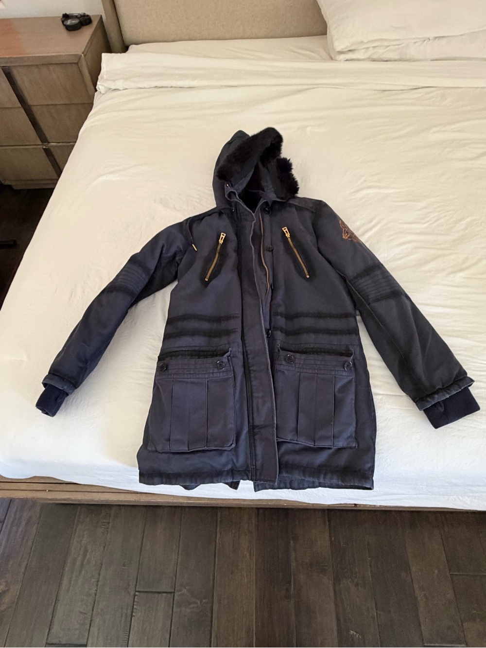 Zadig & Voltaire Navy Hooded Ketty Coat with Fur Trim